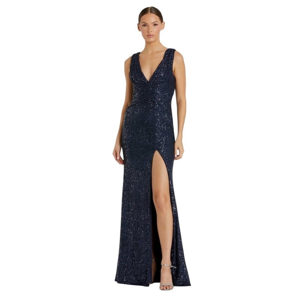 Mac Duggal 265597 Midnight Blue Sequins High Slit Maxi Size‎ 14 $398